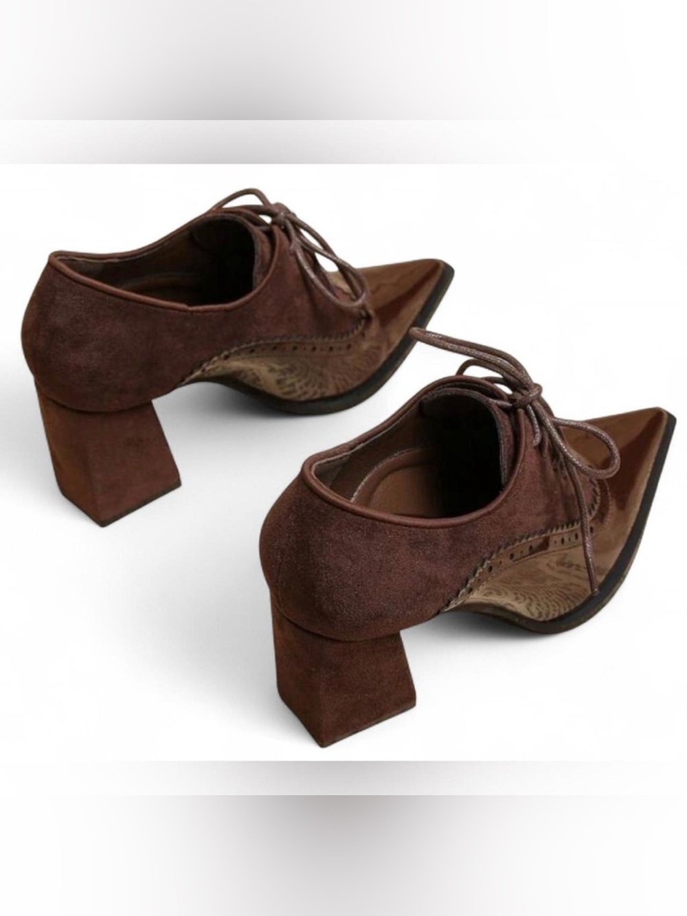 NIB EURO |SZ 41 US 9| Vintage Brown Leather Chunky Oxford Pointed Toe Heel Shoes - Picture 3 of 6